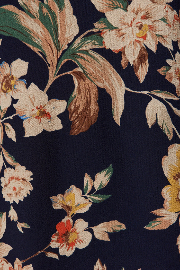 Paradise Shift Dress In Navy With Beige Floral Crepe - fabric