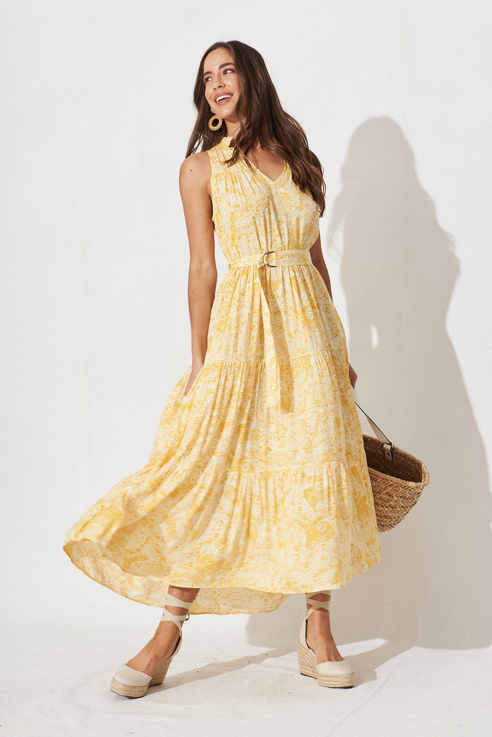 Nessa Maxi Dress In White With Yellow Floral - full length