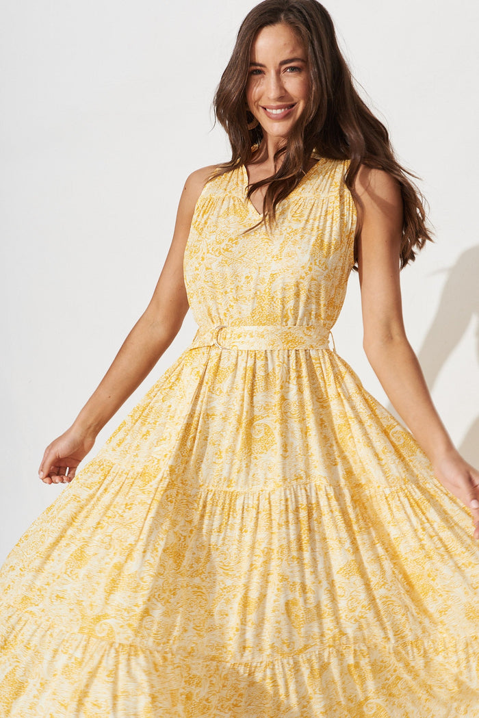 Nessa Maxi Dress In White With Yellow Floral - front