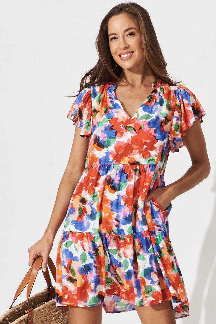 Tiarne Dress In White With Multi Floral - front