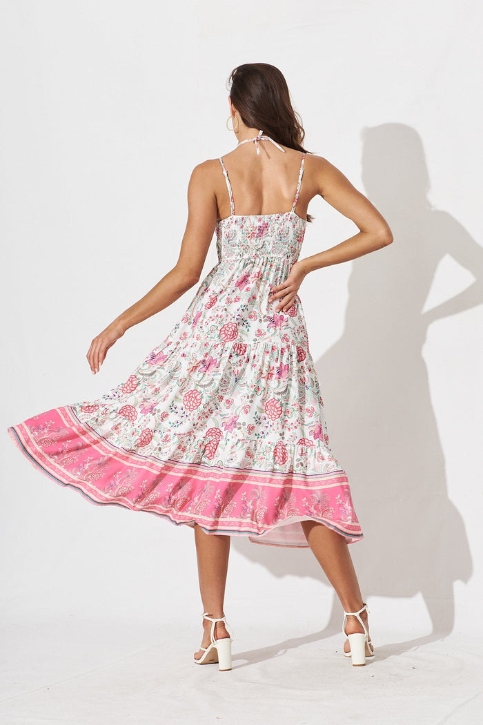 Virlen Midi Sun Dress In White With Pink Boho Floral Linen Blend - back