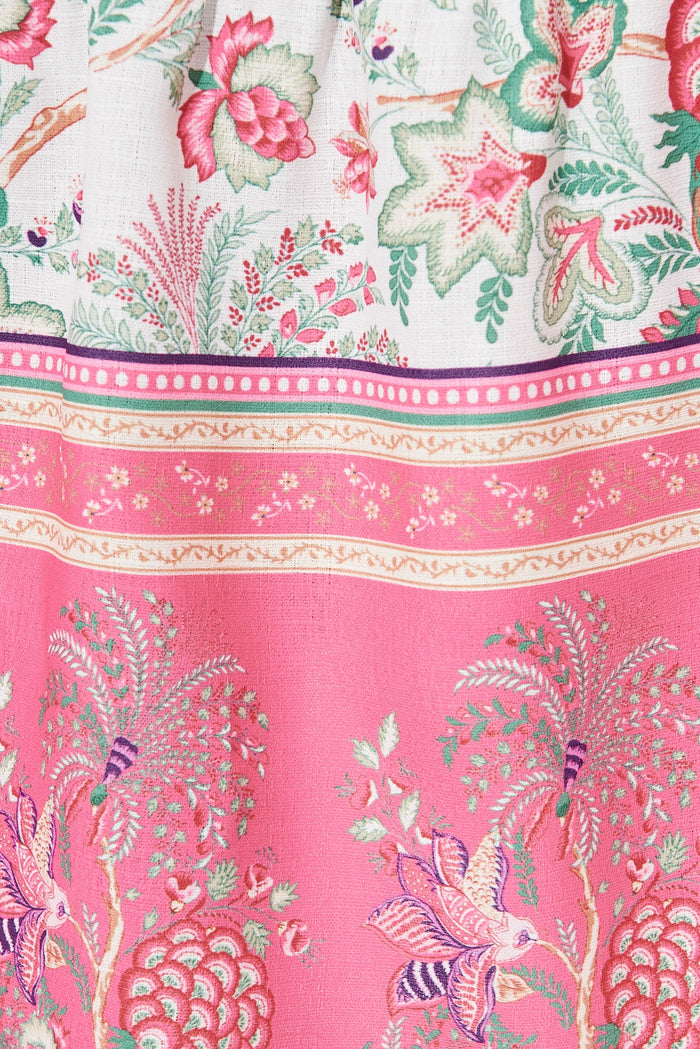 Virlen Midi Sun Dress In White With Pink Boho Floral Linen Blend - fabric