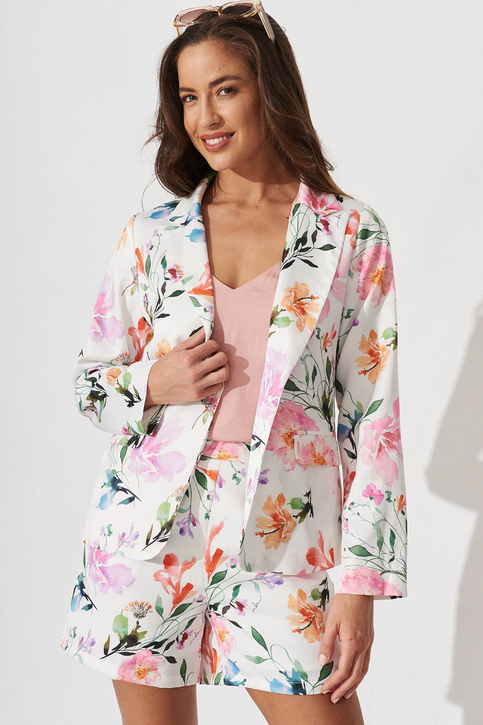 Alita Blazer In White With Multi Floral - front
