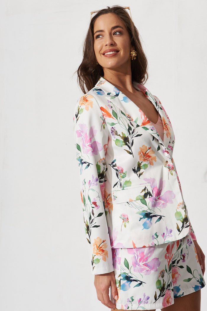 Alita Blazer In White With Multi Floral - side