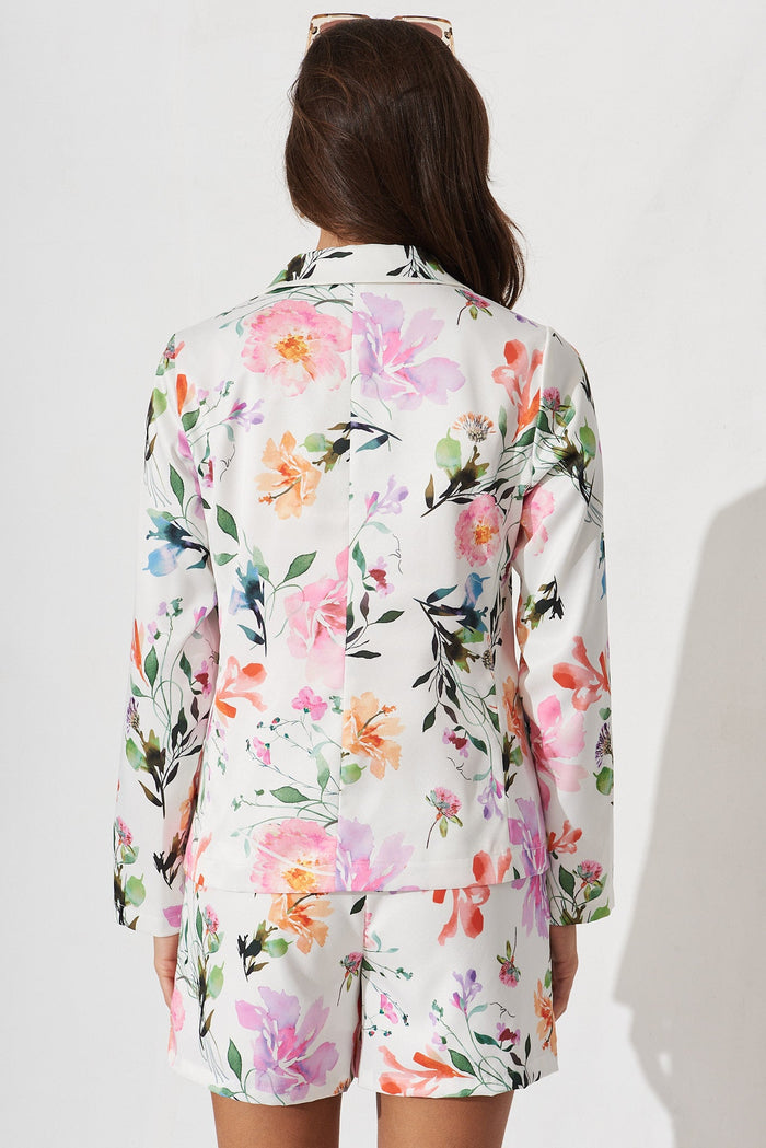 Alita Blazer In White With Multi Floral - back
