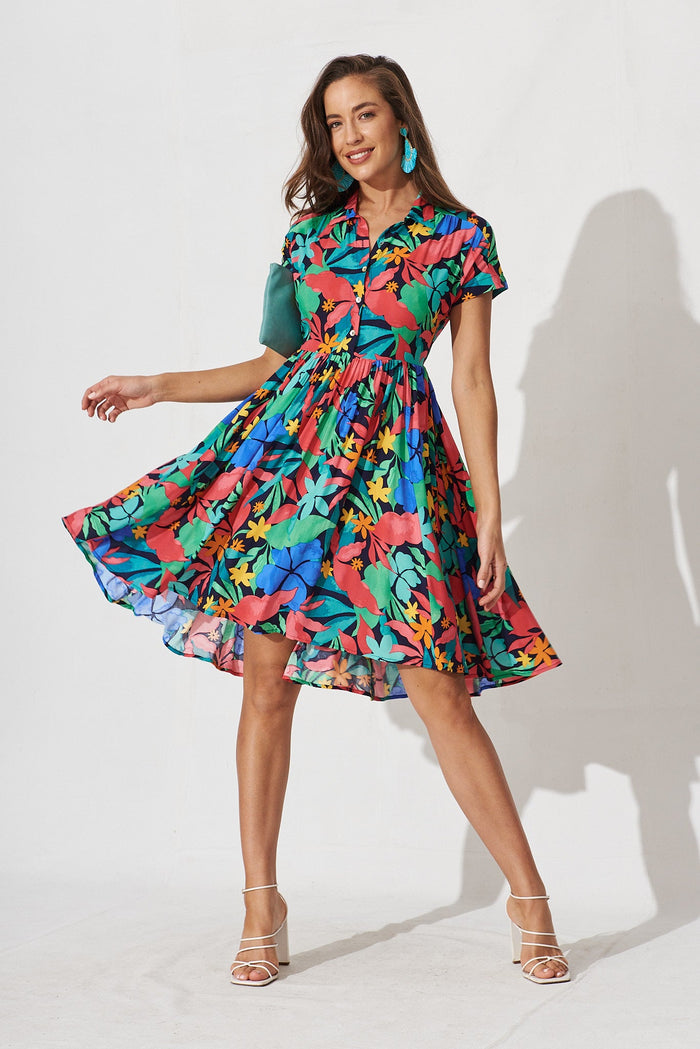 Birdie Shirt Dress In Black With Tropical Multi Leaf - full length
