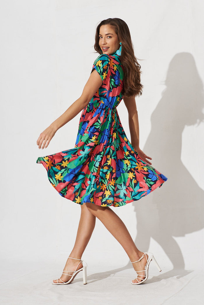 Birdie Shirt Dress In Black With Tropical Multi Leaf - side