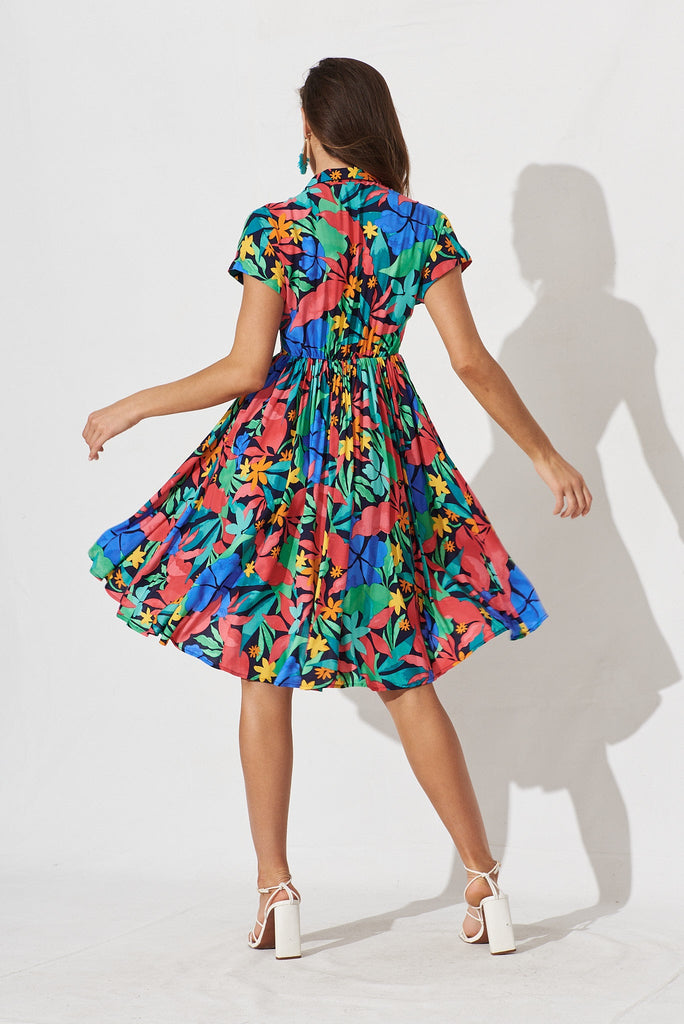 Birdie Shirt Dress In Black With Tropical Multi Leaf - back