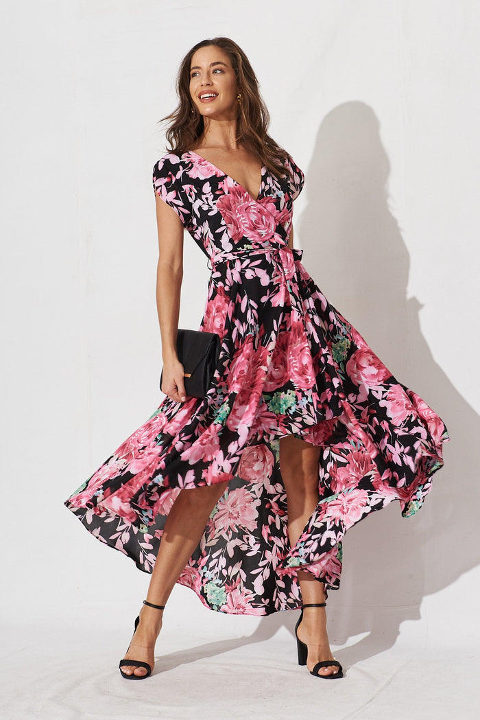 Savannah Maxi Dress In Black With Pink Floral - full length