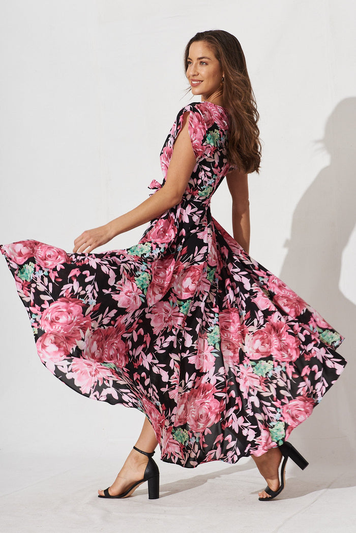 Savannah Maxi Dress In Black With Pink Floral - side