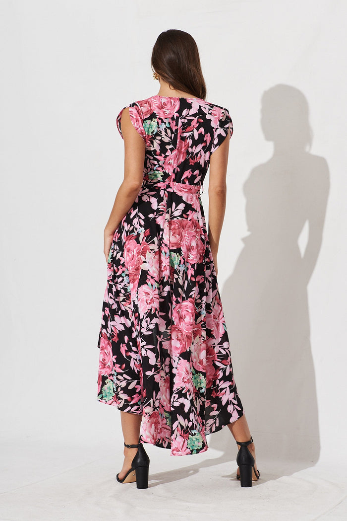 Savannah Maxi Dress In Black With Pink Floral - back