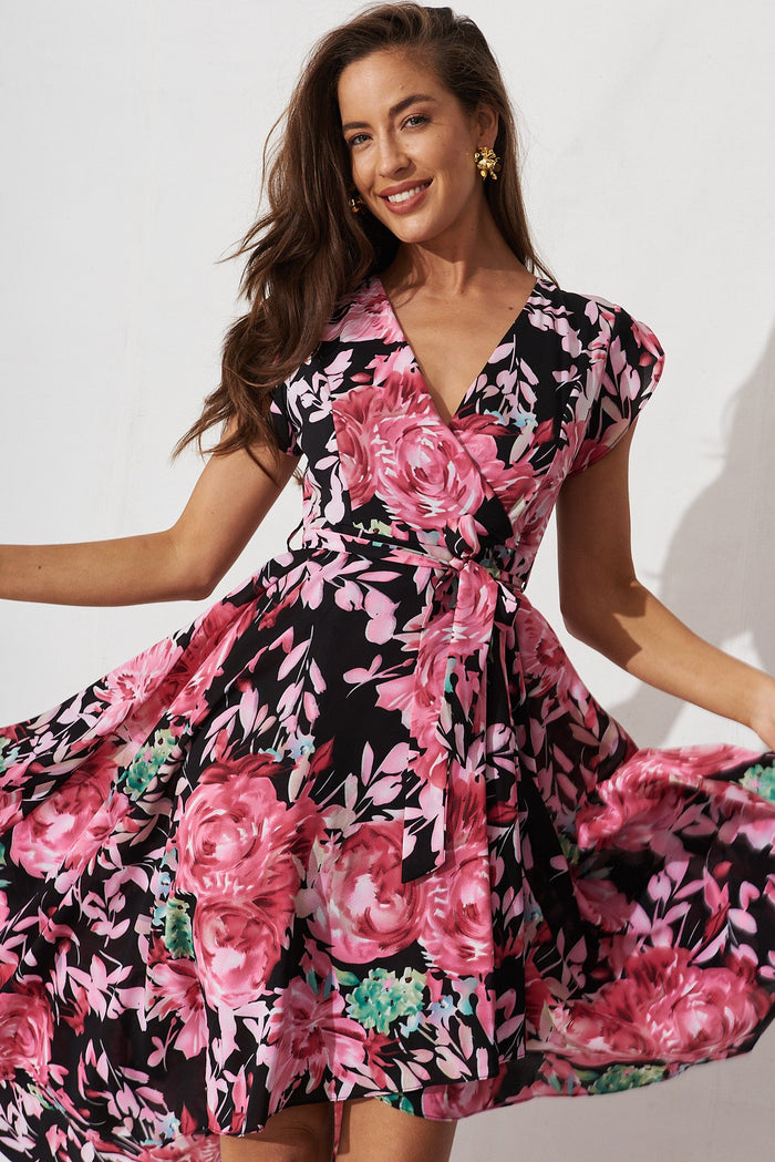 Savannah Maxi Dress In Black With Pink Floral - front