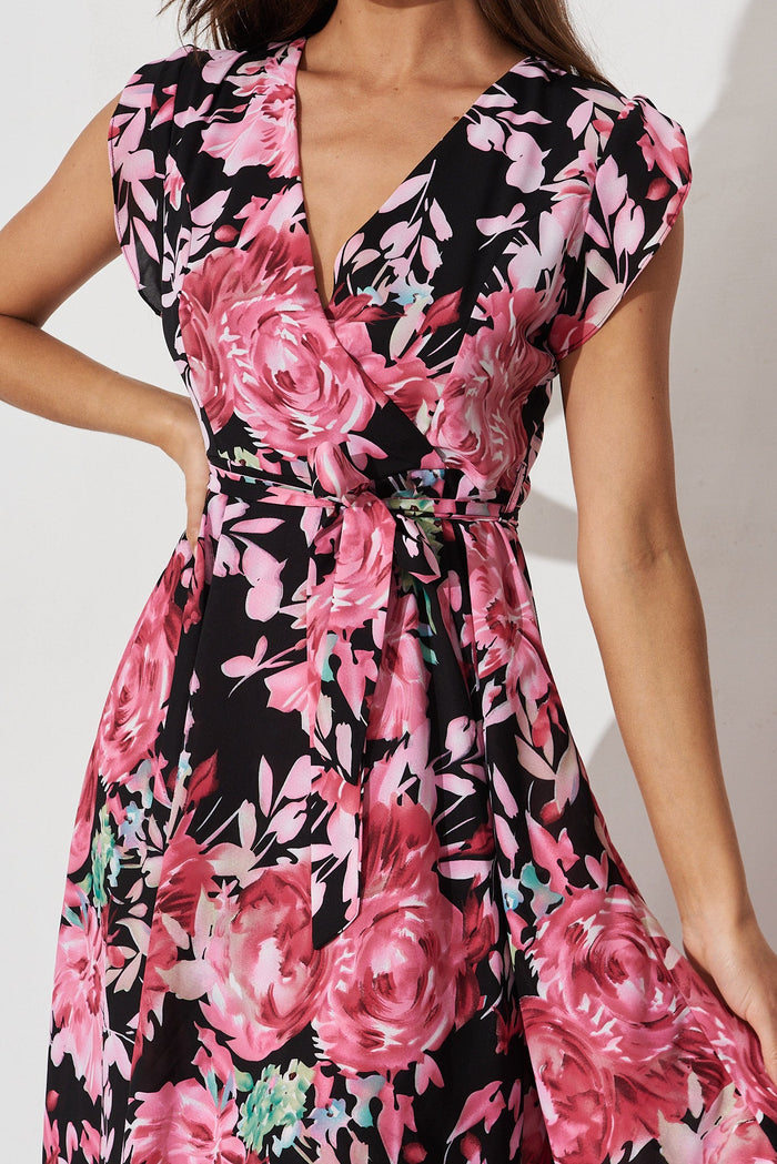 Savannah Maxi Dress In Black With Pink Floral - detail