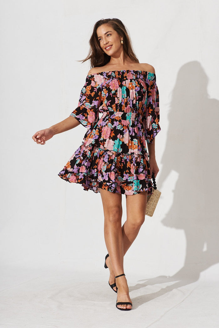 Trista Dress In Black With Bright Floral - full length