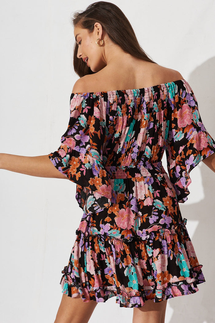 Trista Dress In Black With Bright Floral - back