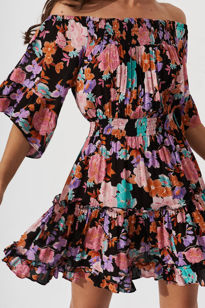 Trista Dress In Black With Bright Floral - detail