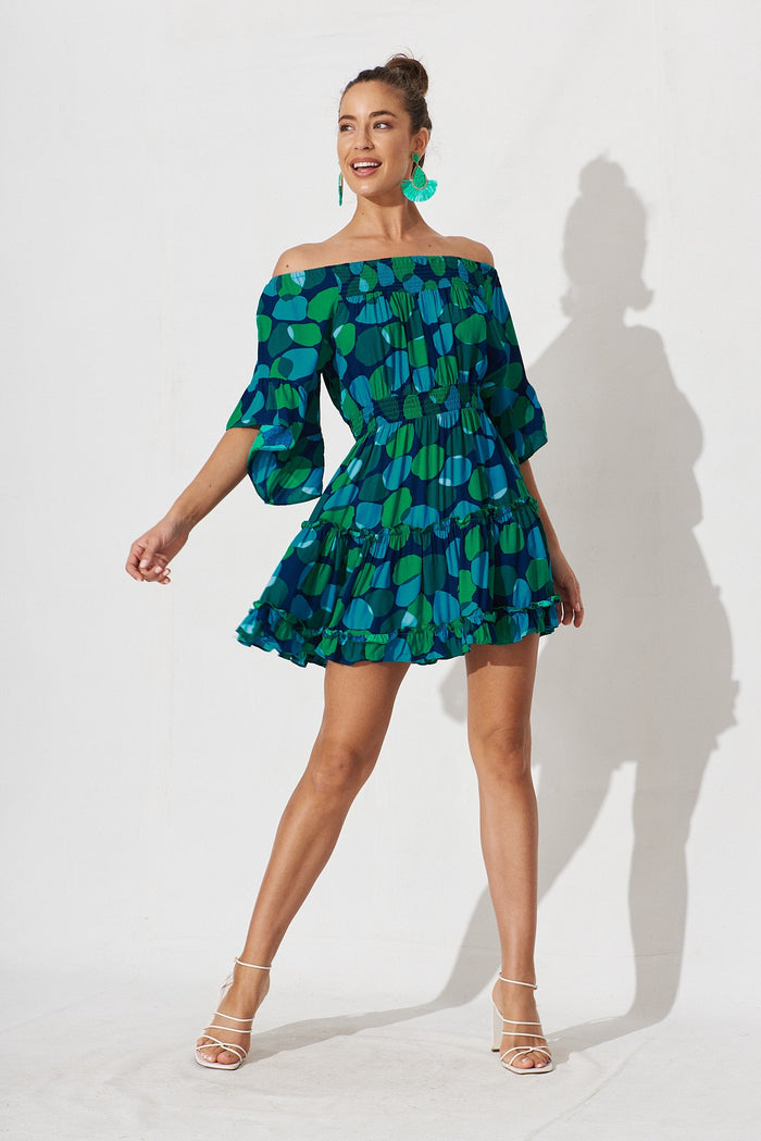 Trista Dress In Navy With Blue Multi Print - full length