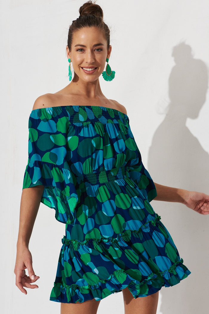 Trista Dress In Navy With Blue Multi Print - front