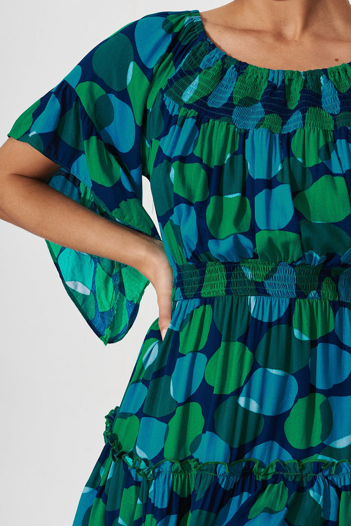 Trista Dress In Navy With Blue Multi Print - detail