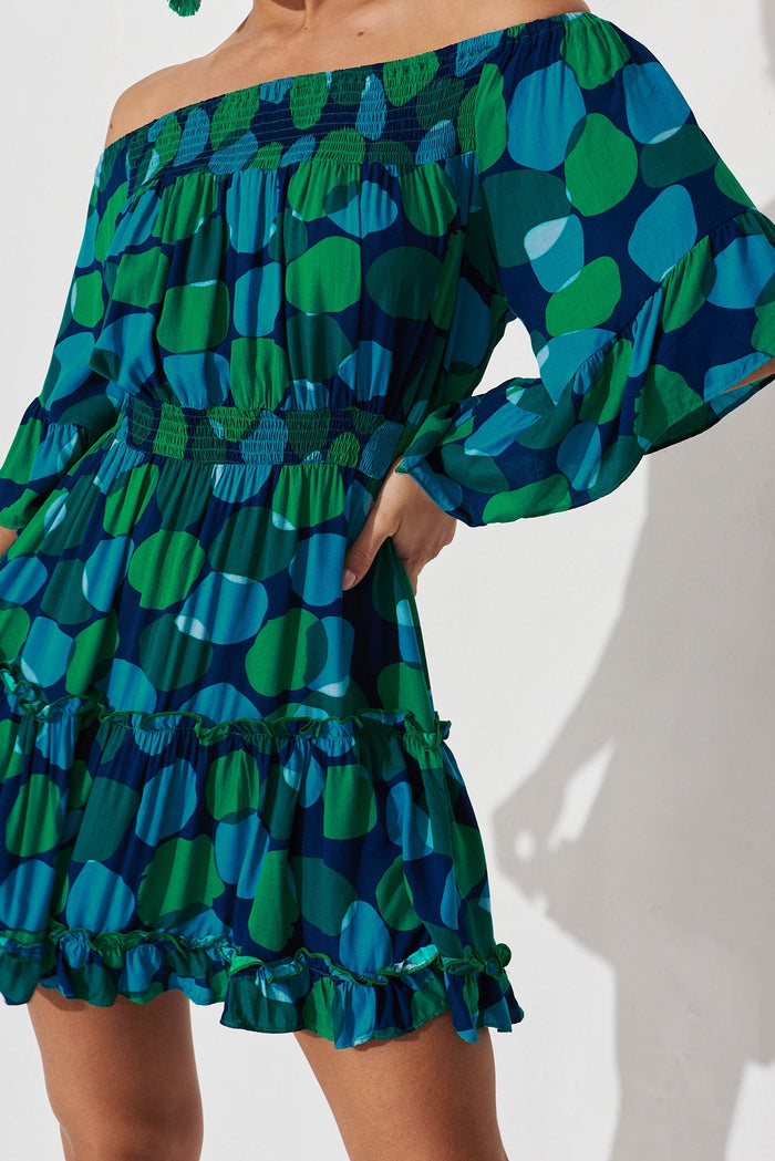 Trista Dress In Navy With Blue Multi Print - detail