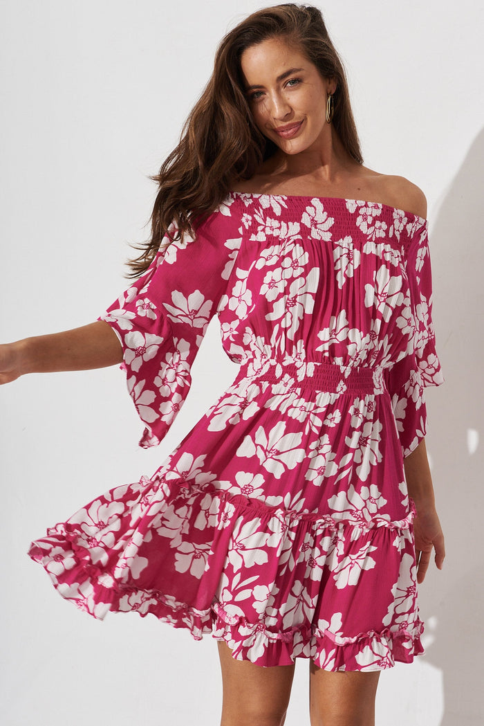 Trista Dress In Magenta With White Floral - front