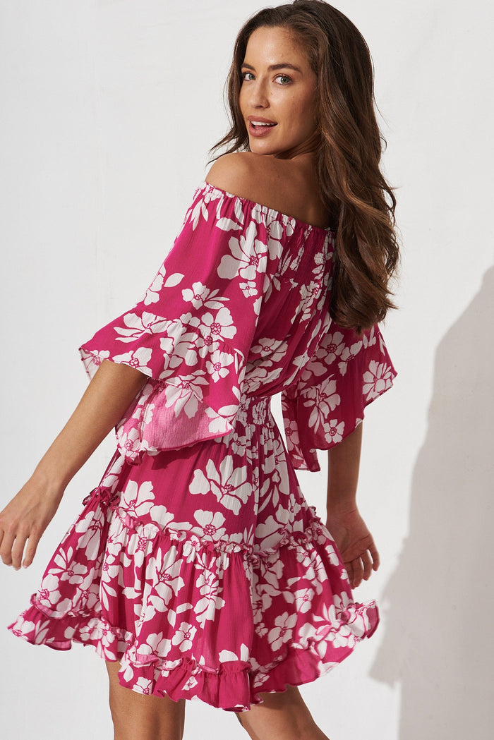 Trista Dress In Magenta With White Floral - side