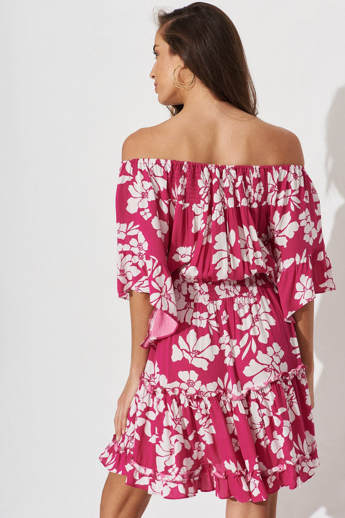 Trista Dress In Magenta With White Floral - back