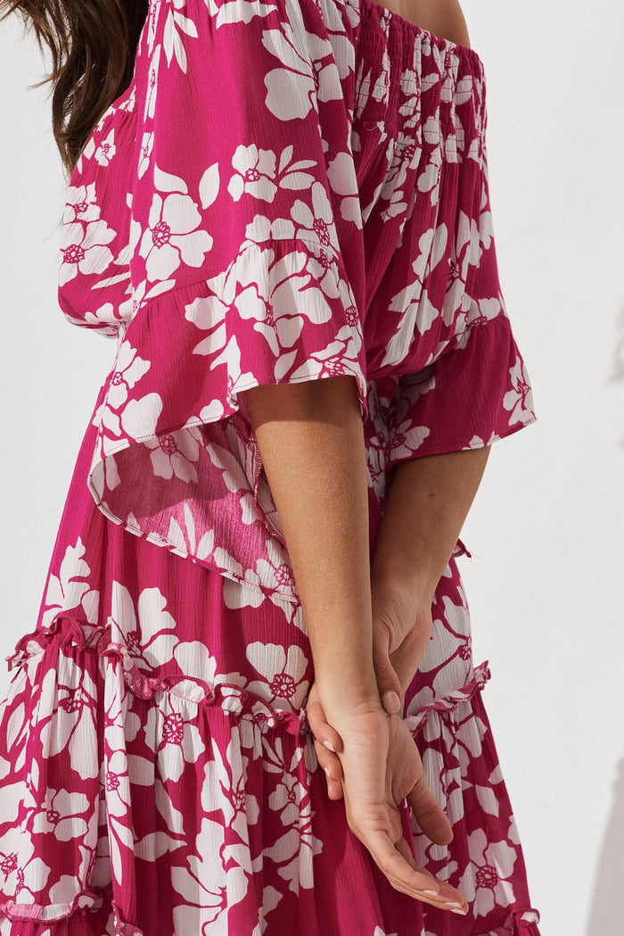 Trista Dress In Magenta With White Floral - detail