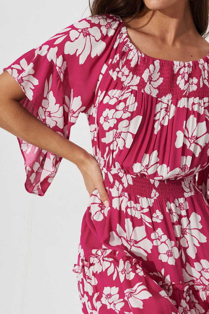 Trista Dress In Magenta With White Floral - detail