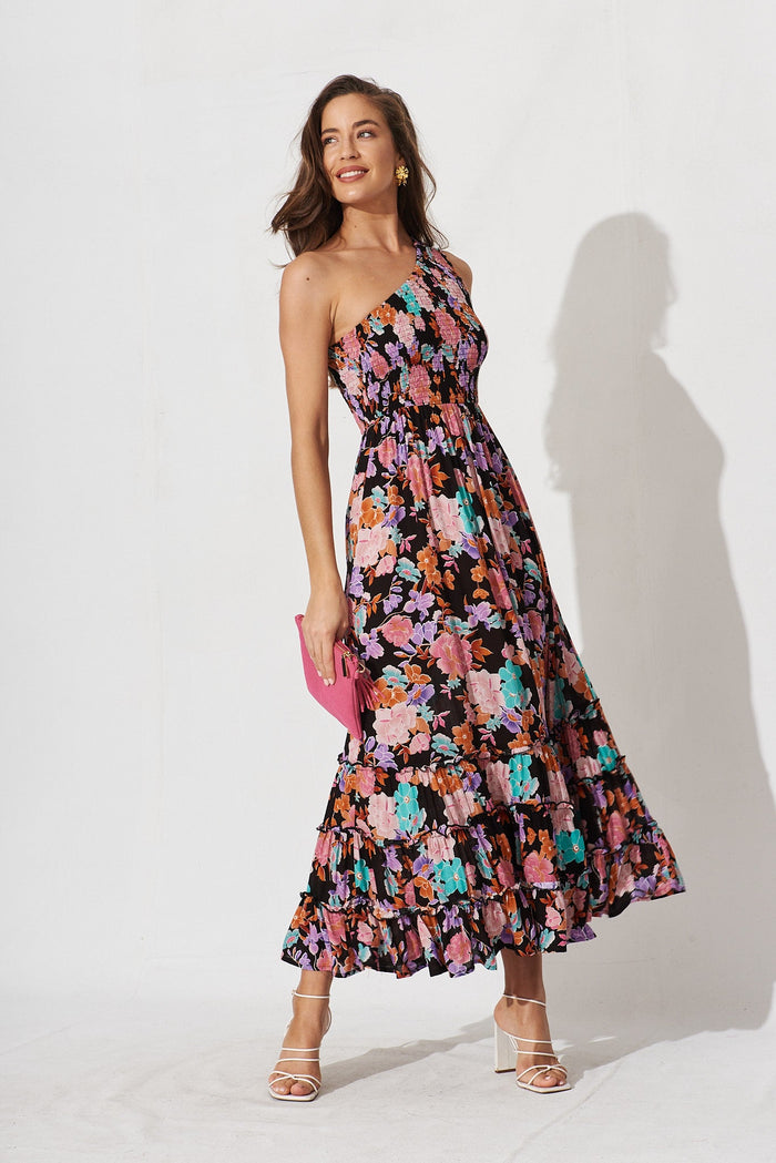 Ramsee Maxi Dress In Black With Bright Floral - full length