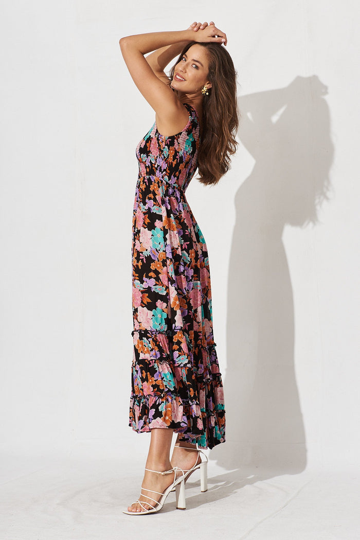 Ramsee Maxi Dress In Black With Bright Floral - side