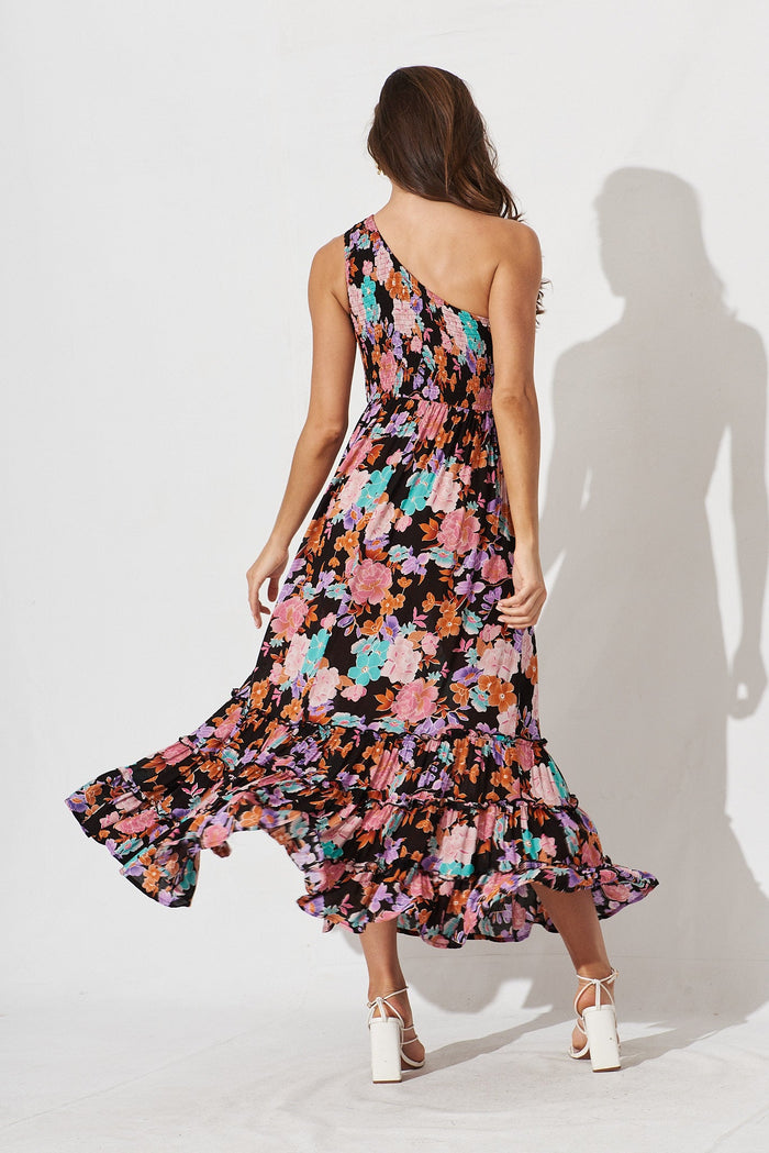 Ramsee Maxi Dress In Black With Bright Floral - back