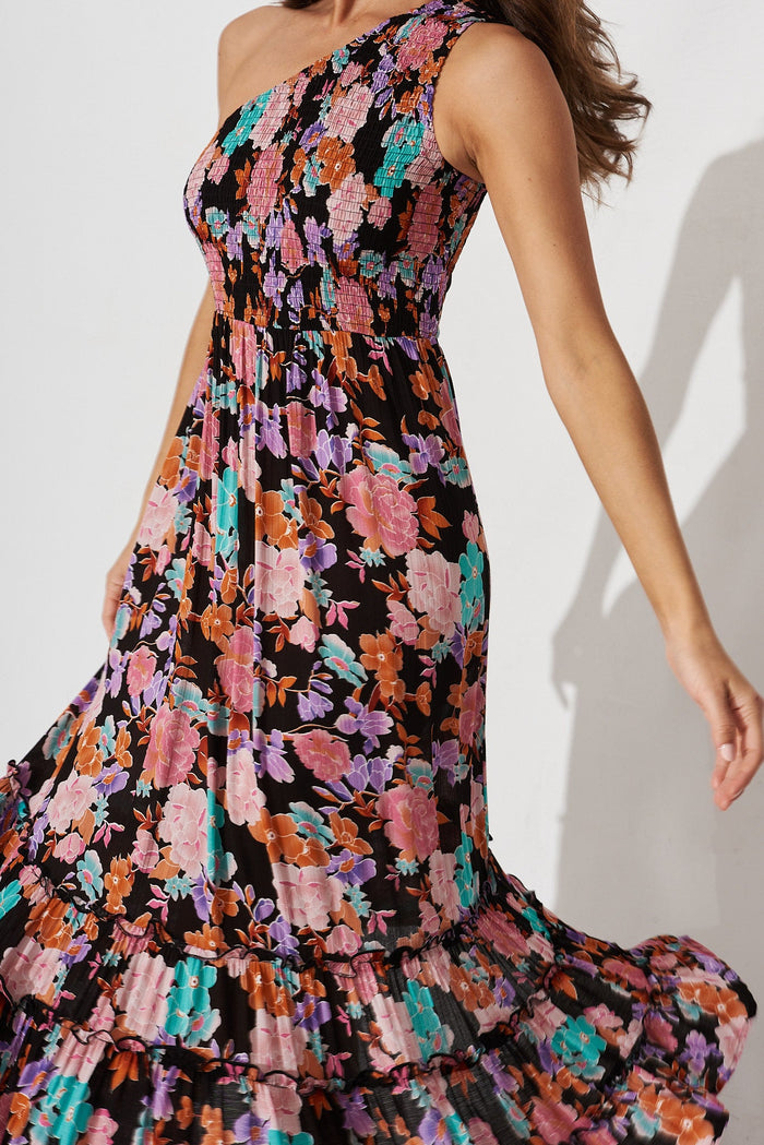 Ramsee Maxi Dress In Black With Bright Floral - detail