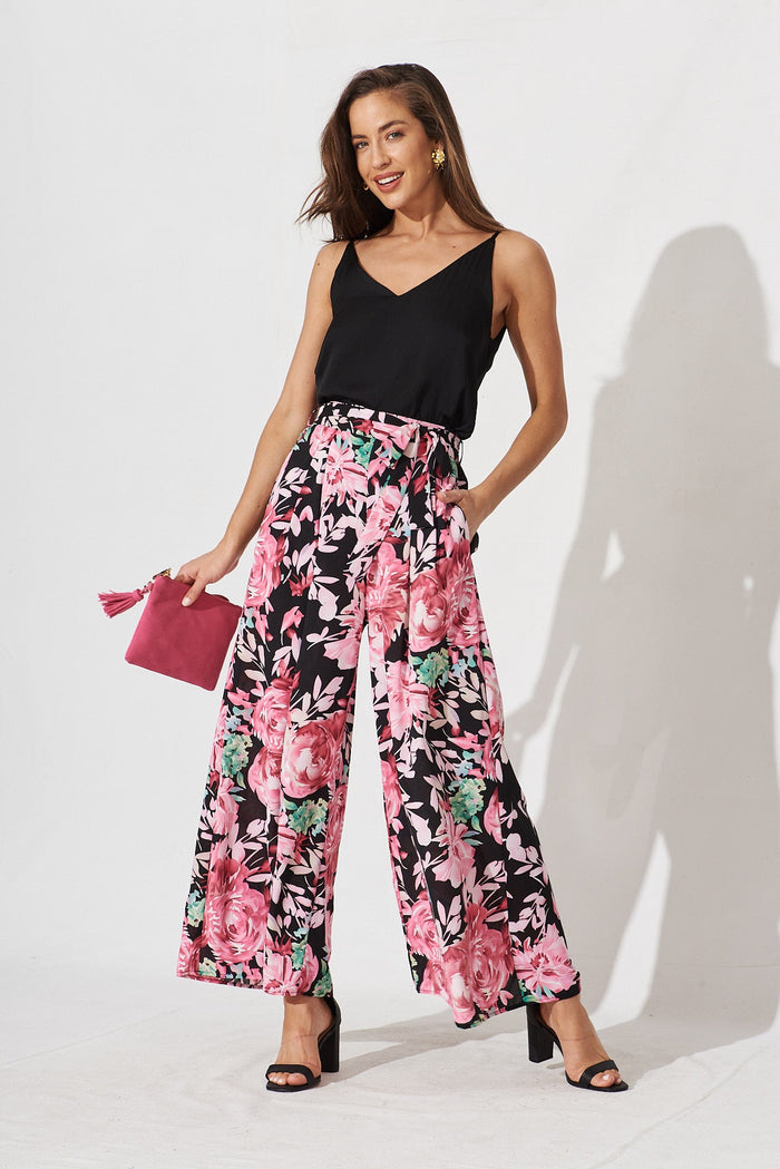 High Hopes Pants In Black With Pink Floral - full length