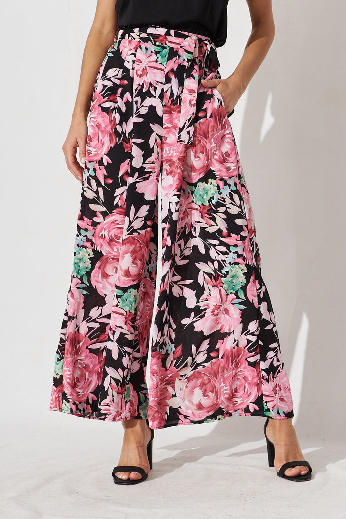 High Hopes Pants In Black With Pink Floral - front