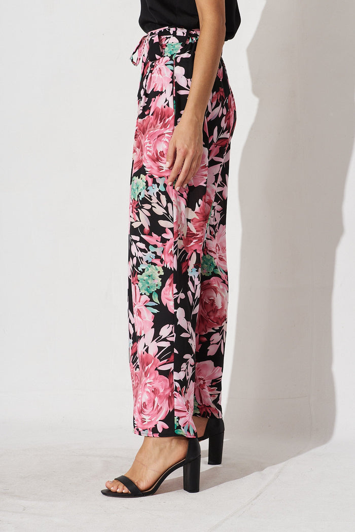 High Hopes Pants In Black With Pink Floral - side