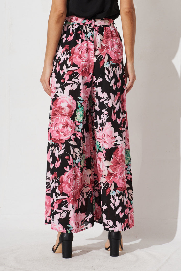 High Hopes Pants In Black With Pink Floral - back