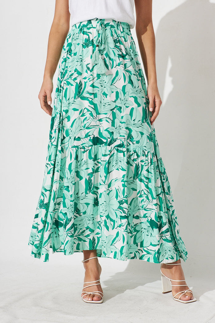 Bilboa Maxi Skirt In White With Green Floral - front