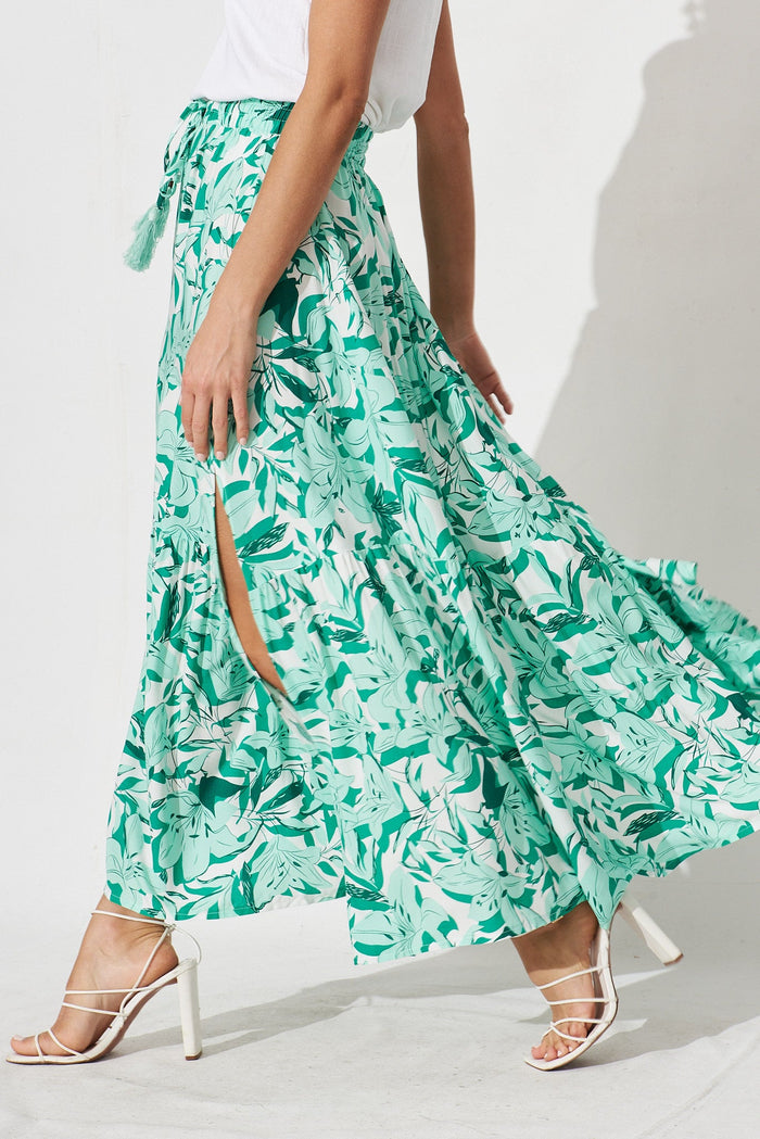 Bilboa Maxi Skirt In White With Green Floral - side