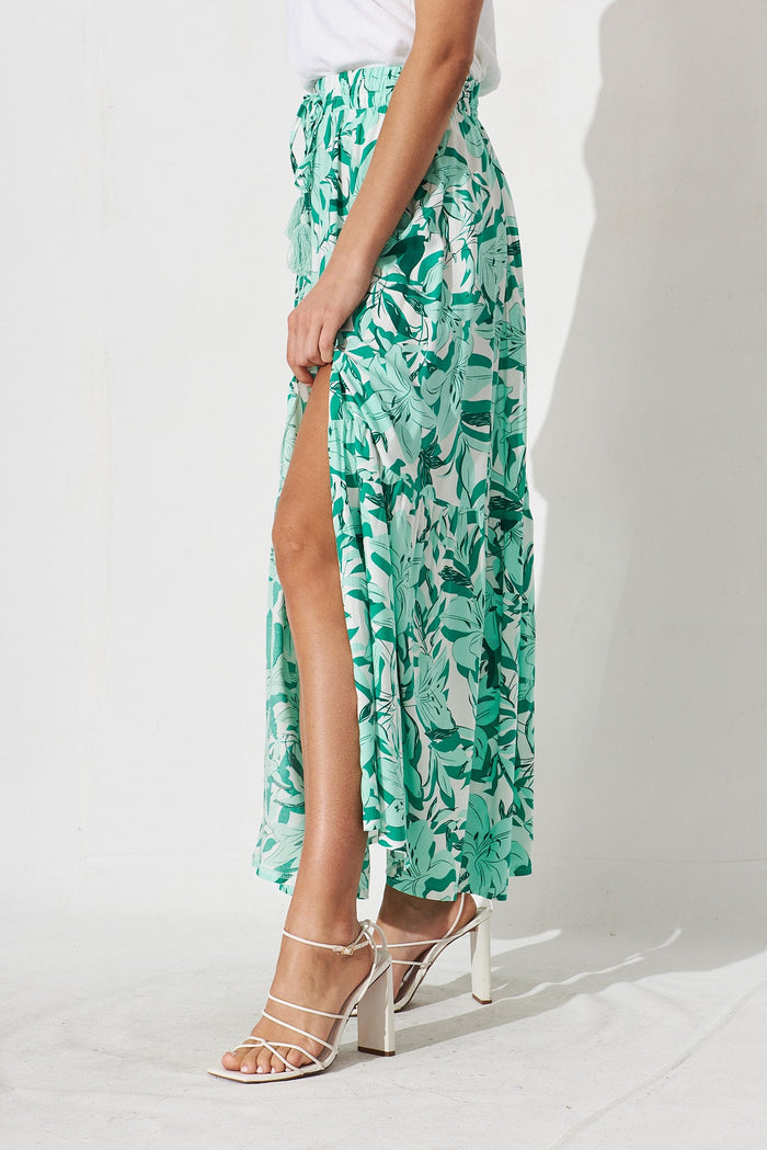 Bilboa Maxi Skirt In White With Green Floral - side