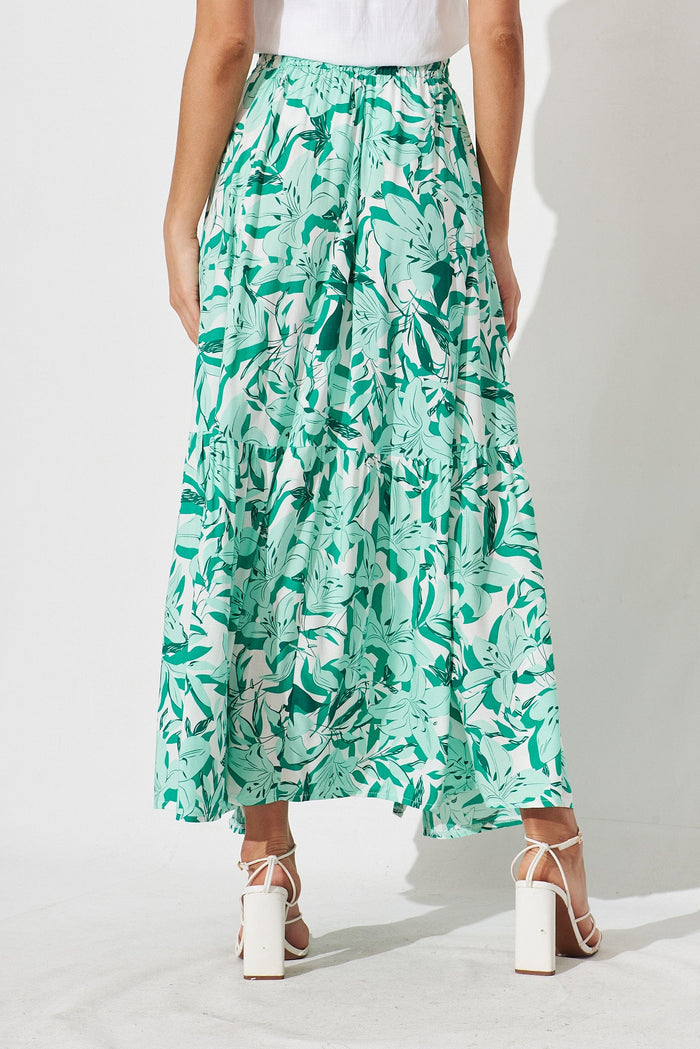 Bilboa Maxi Skirt In White With Green Floral - back