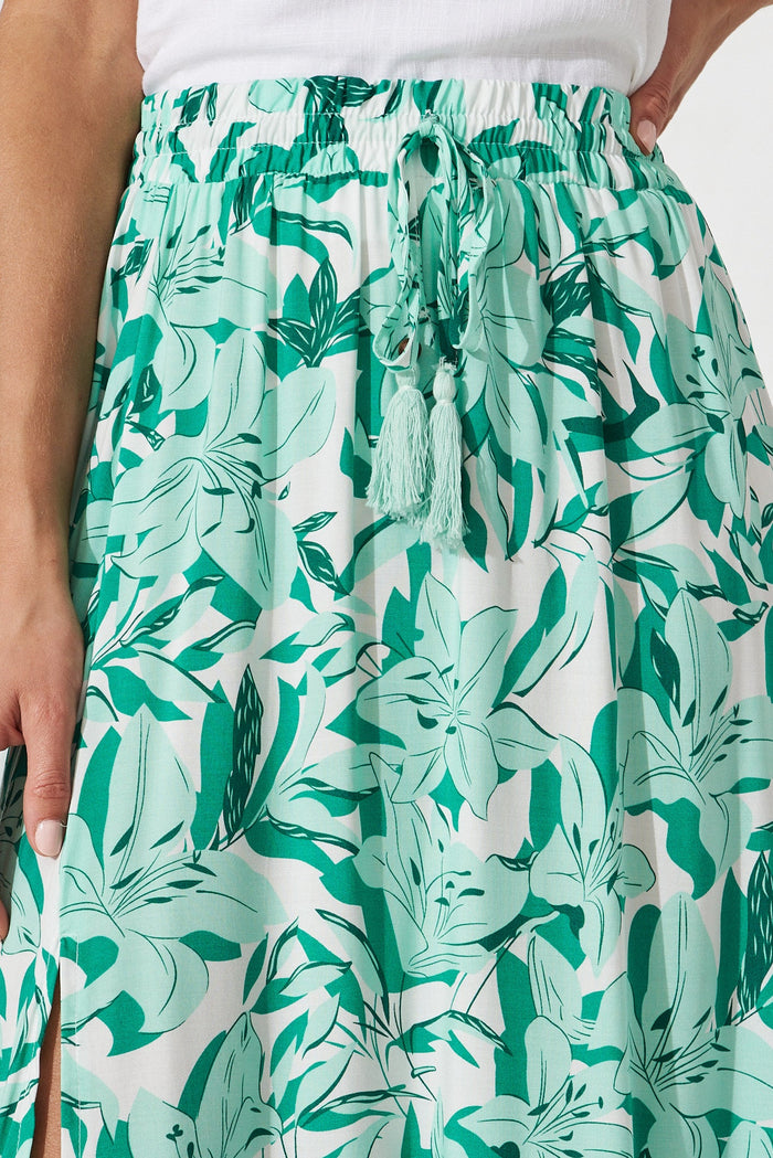 Bilboa Maxi Skirt In White With Green Floral - detail