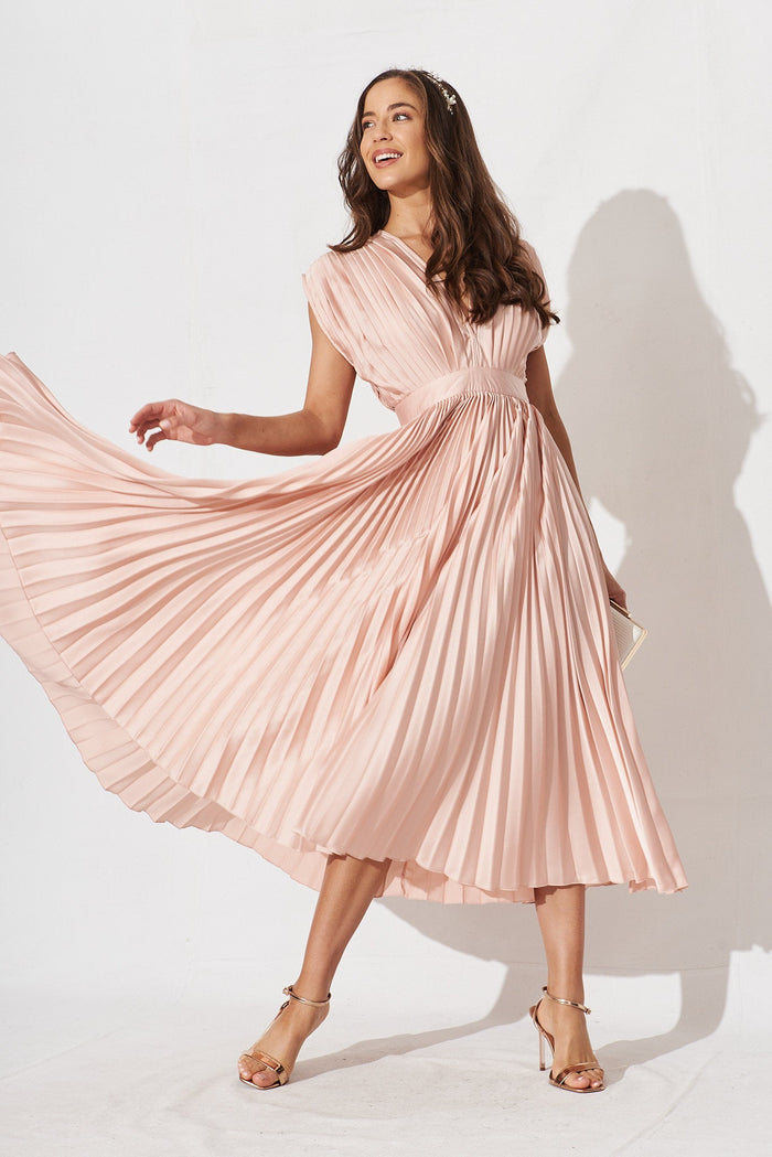 Anetta Midi Dress In Pleated Champagne Satin - full length