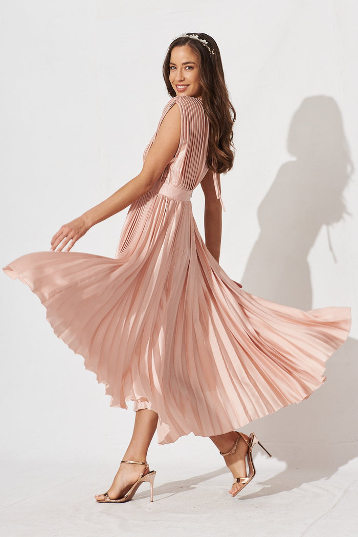 Anetta Midi Dress In Pleated Champagne Satin - side