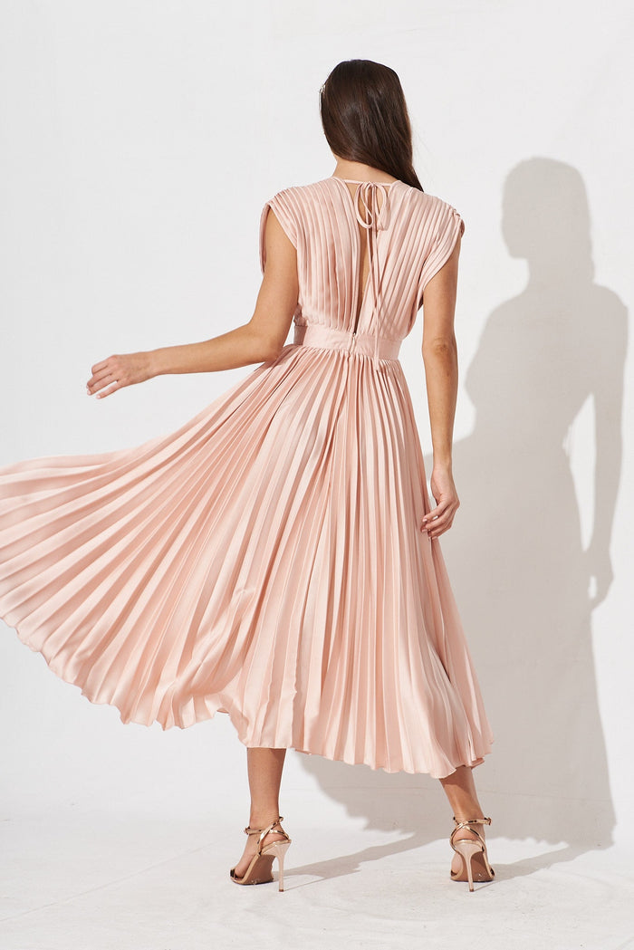 Anetta Midi Dress In Pleated Champagne Satin - back