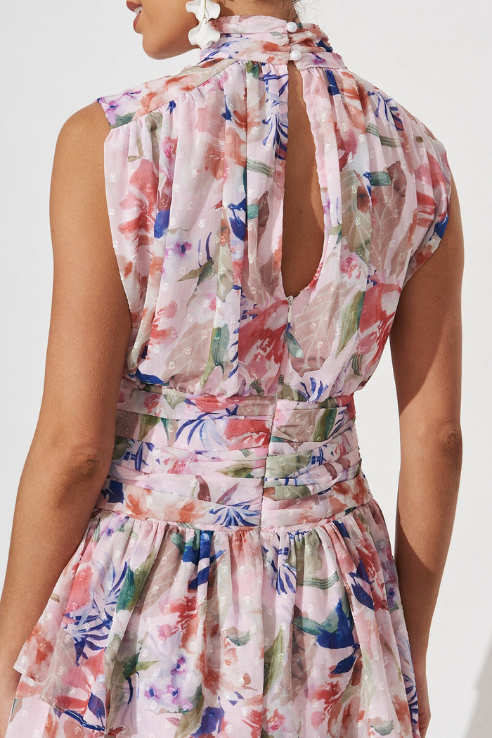 Rosal Dress In Blush With Pink And Navy Floral Chiffon - detail
