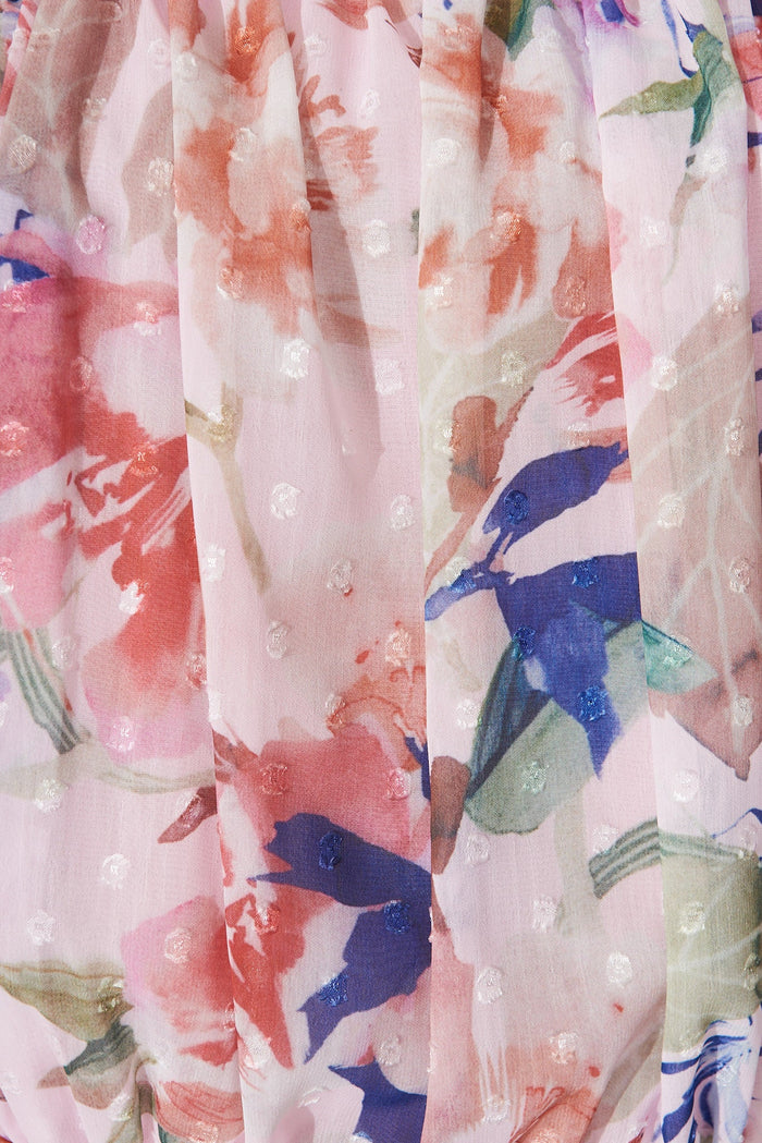 Rosal Dress In Blush With Pink And Navy Floral Chiffon - fabric