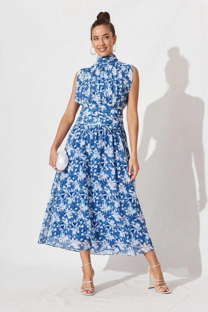 Rosamine Maxi Dress In Blue With White Floral Chiffon - full length