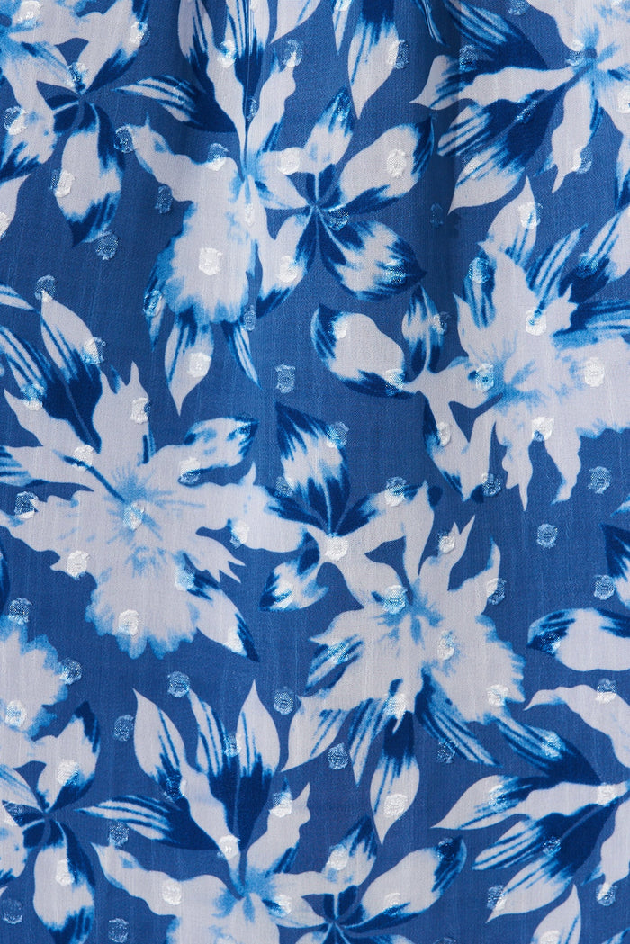Rosamine Maxi Dress In Blue With White Floral Chiffon - fabric