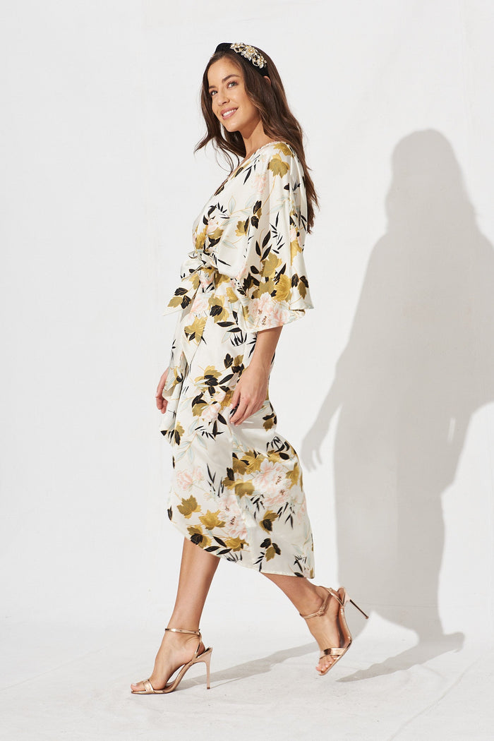 Joyful Midi Dress In White With Blush Floral Satin - side